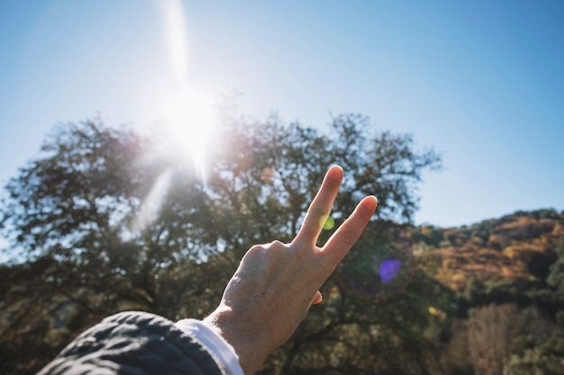 Tourist gesturing two fingers