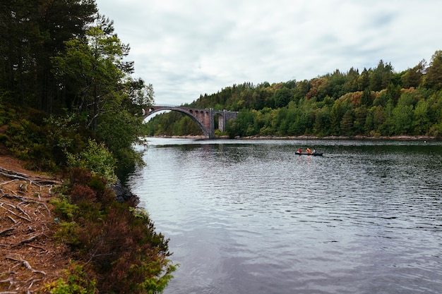 Free Photo tourist rowing the boat on the lake with green landscape