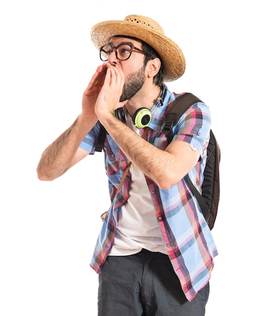 Free photo tourist shouting over white background