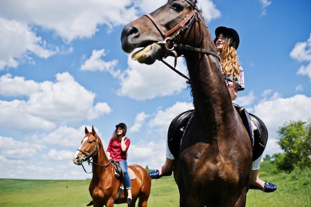 Free photo tow young pretty girls riding a horses on a field at sunny day