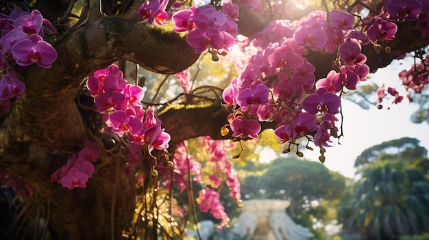 Towering tropical tree with vibrant orchids