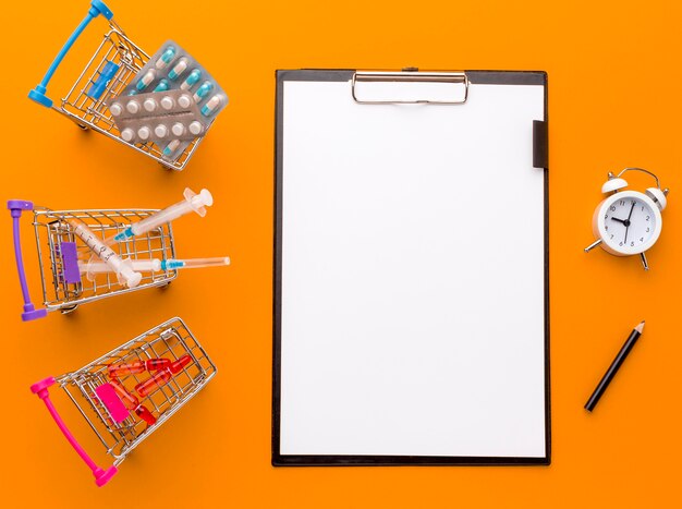 Toy cart with pills tablets and clipboard