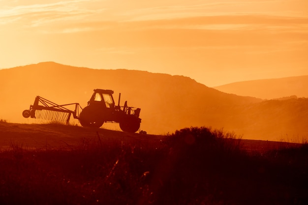 Tractor in a farm field at sunset. Backlight warm tones