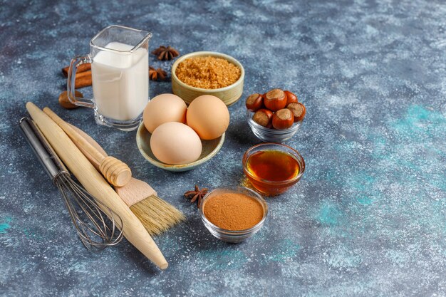 Traditional autumn baking ingredients: apples,cinnamon,nuts.