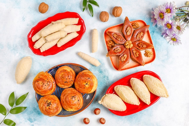 Traditional Azerbaijan holiday Novruz sweets,shekerbura,qogal,paxlava,mutaki.