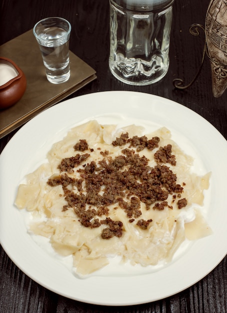 Traditional caucasian pasta meal khingal, khinkali with meat. 