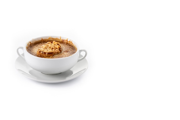 Traditional french onion soup isolated on white background