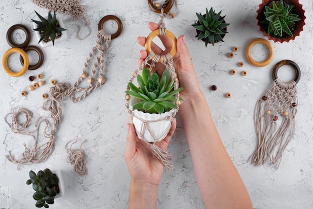 Traditional macrame composition indoors