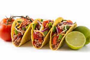 Free photo traditional mexican tacos with meat and vegetables isolated on white background