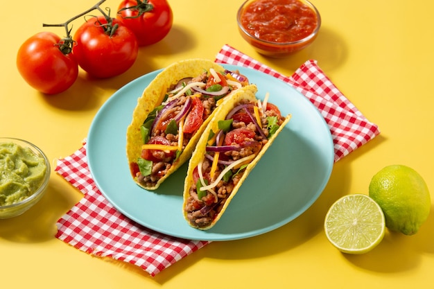 Free photo traditional mexican tacos with meat and vegetables on yellow background