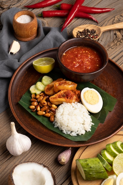 Traditional nasi lemak meal arrangement