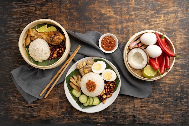 Traditional nasi lemak meal composition