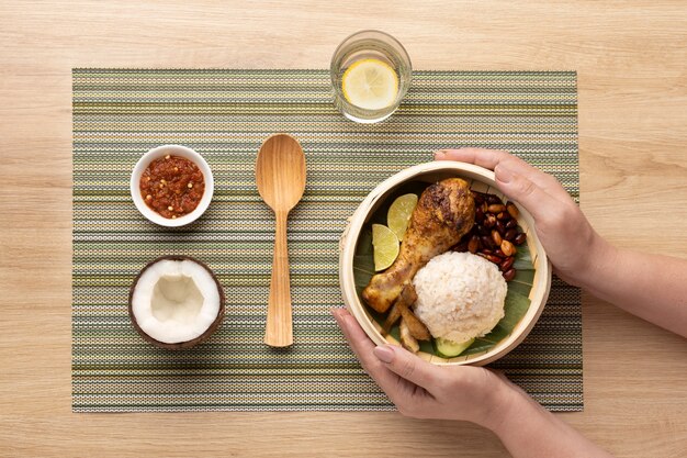 Traditional nasi lemak meal composition