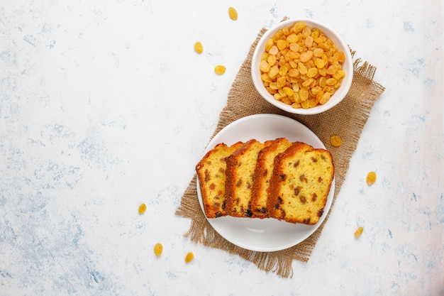 Traditional raisin cake slices with raisin, top view