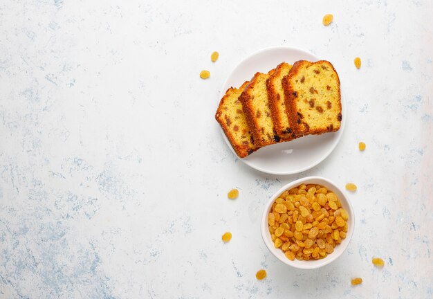 Traditional raisin cake slices with raisin, top view