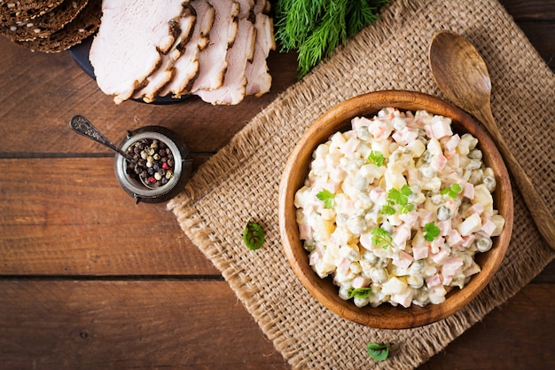 Traditional Russian salad "Olivier". Top view