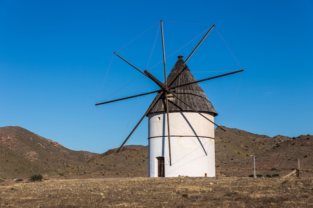 Traditional white windmill in Pozo de los Frailes, Spain