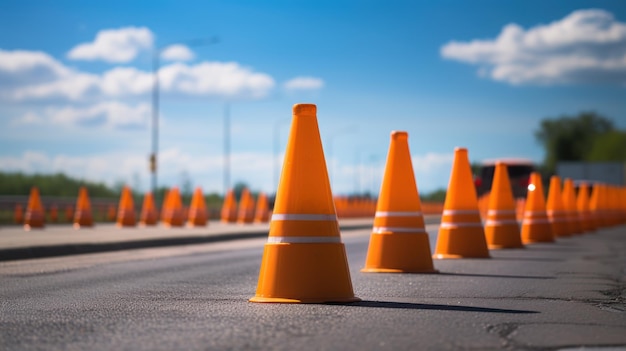 Free photo traffic cones line up along sunlit asphalt road