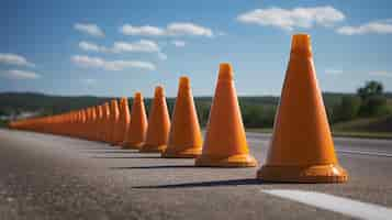 Free photo traffic cones line up along sunlit asphalt road