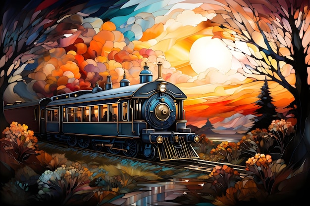 Free photo train canvas painting wallpaper