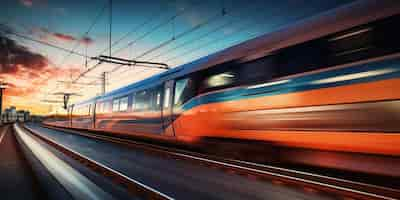 Free photo a train moves fast at dusk showing the speed of modern travel