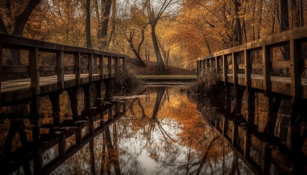 Free Photo tranquil autumn landscape bridge reflects multi colored beauty generated by ai