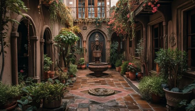 Tranquil courtyard adorned with nature decoration generated by AI