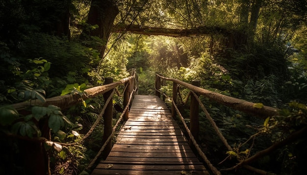 Free Photo tranquil footbridge in lush tropical rainforest wilderness generated by ai