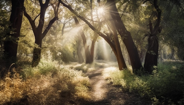 Free photo tranquil footpath weaves through foggy autumn forest generated by ai