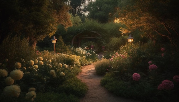 Free Photo tranquil meadow bench under pine tree architecture generated by ai