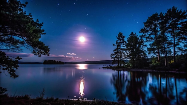 Free Photo tranquil moonlit lake with a starry night sky