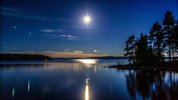 Free Photo tranquil moonlit lake with trees and stars