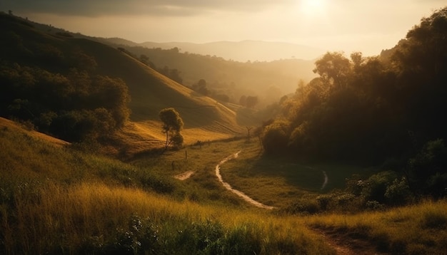 Tranquil mountain meadow bathed in golden sunlight generated by AI