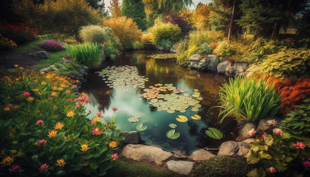 Free Photo tranquil pond reflects colorful autumn foliage beautifully generated by ai