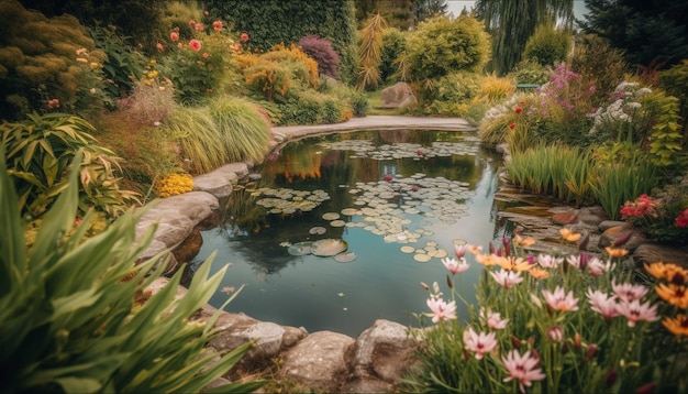 Free photo tranquil pond reflects single flower in nature generated by ai