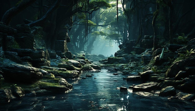 Free Photo tranquil scene dark forest wet rock flowing water mysterious beauty generated by artificial intellingence