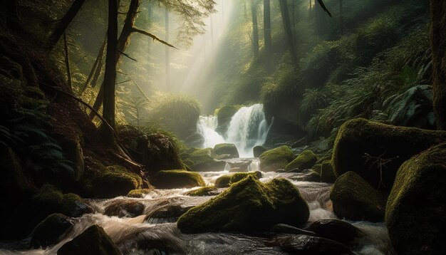 Tranquil scene of flowing water in forest generated by AI