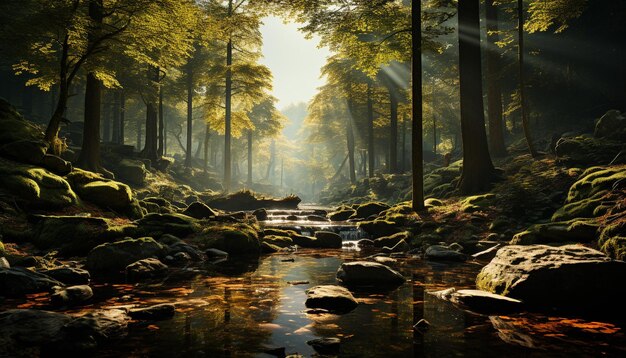 Tranquil scene foggy forest autumn leaves reflecting in water generated by artificial intelligence