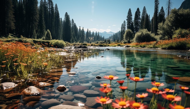 Free photo tranquil scene green meadow mountain peak reflecting in peaceful pond generated by artificial intelligence