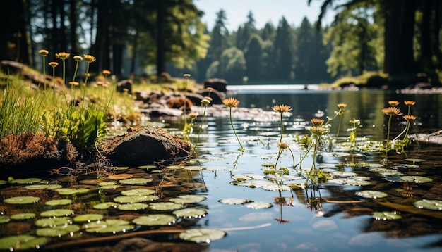 Free Photo tranquil scene green meadow yellow flowers reflecting in pond generated by artificial intelligence