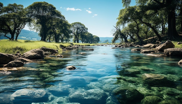 Free Photo tranquil scene green mountain flowing water serene reflection generated by artificial intelligence