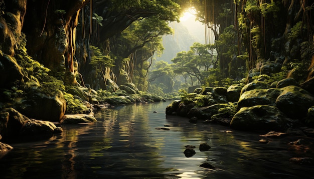 Free Photo tranquil scene lush green forest flowing water reflecting sunlight generated by artificial intellingence