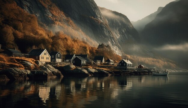 Tranquil scene of mountain hut by water generated by AI