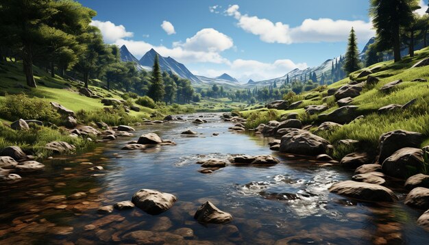 Tranquil scene mountain peak reflects sunlight on green meadow generated by artificial intelligence