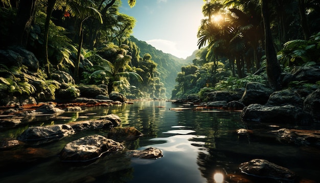 Free Photo tranquil scene nature beauty reflected in a tropical rainforest generated by artificial intellingence