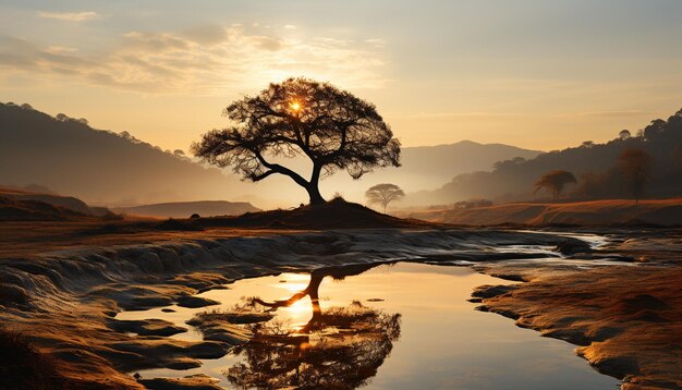 Tranquil scene nature beauty in sunset Africa silhouette reflects on water generated by artificial intelligence