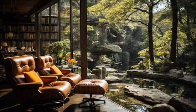 Free photo a tranquil scene of nature indoors relaxation on a comfortable chair generated by artificial intelligence