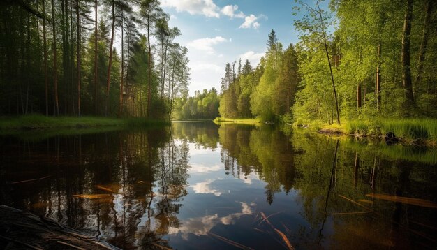 Tranquil scene of reflection in forest pond generated by AI