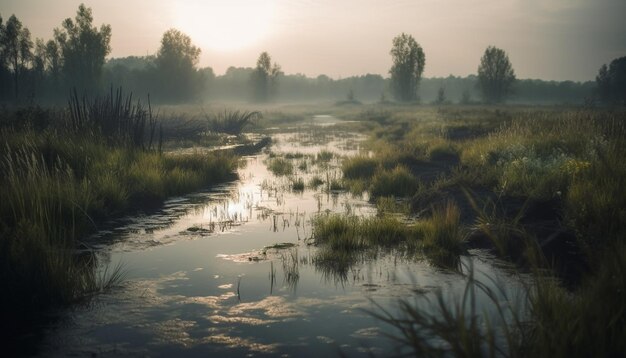 Tranquil scene reflection in pond surrounded by nature generated by AI