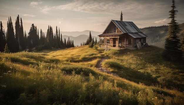 Tranquil scene of rustic cottage in meadow generated by AI